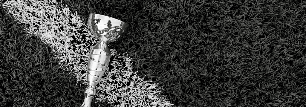 Una copa reposa sobre un campo de fútbol